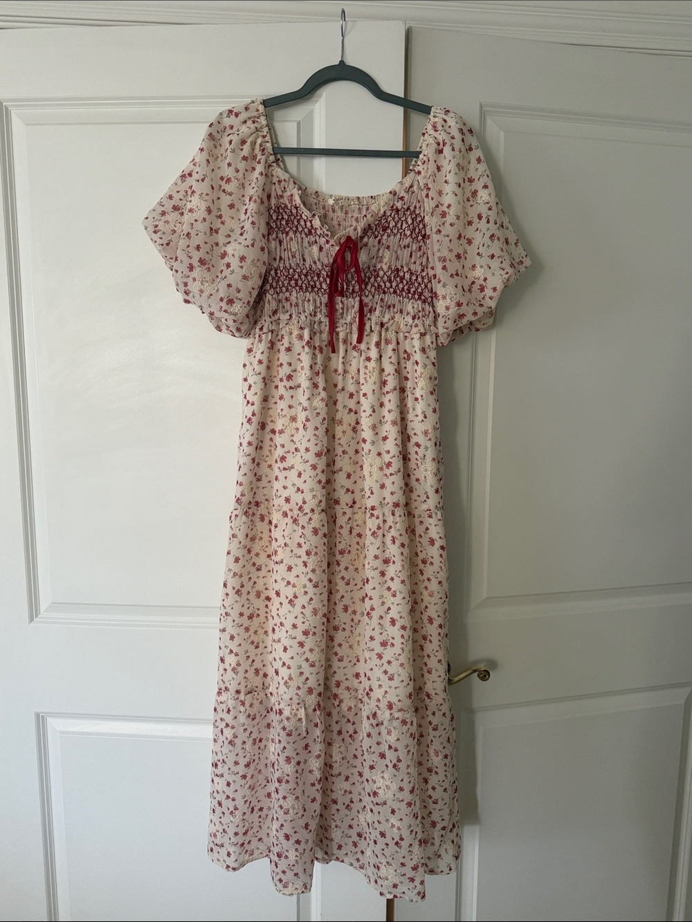 Women’s Cream Floral Smocked Dress with Red Accents